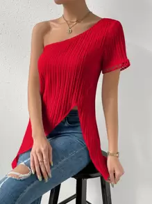 SHEIN Privé 單肩不對稱下擺襯衫 - 紅色 - 查看 6