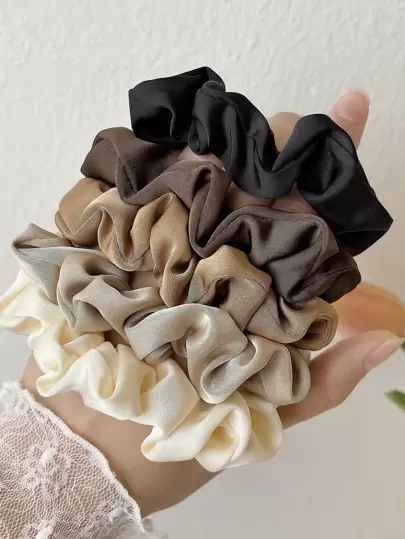 5pcs/Set Satin Solid Color Scrunchies, Large Size Hair Ties Soft Retro Fashion Hair Accessories, Great For Gifts & Daily Wear Scrunchy Hair Ties, Casual Ponytail