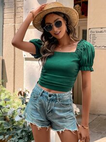 SHEIN VCAY Square Neck Puff Sleeve Ruched Crop Blouse - Dark Green - View 1