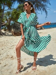 SHEIN VCAY Striped Print Belted Dress - Multicolor - View 6