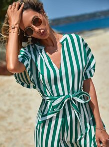 SHEIN VCAY Striped Print Belted Dress - Multicolor - View 7