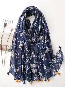 Floral Print Tassel Decor Scarf - Multicolor - View 1