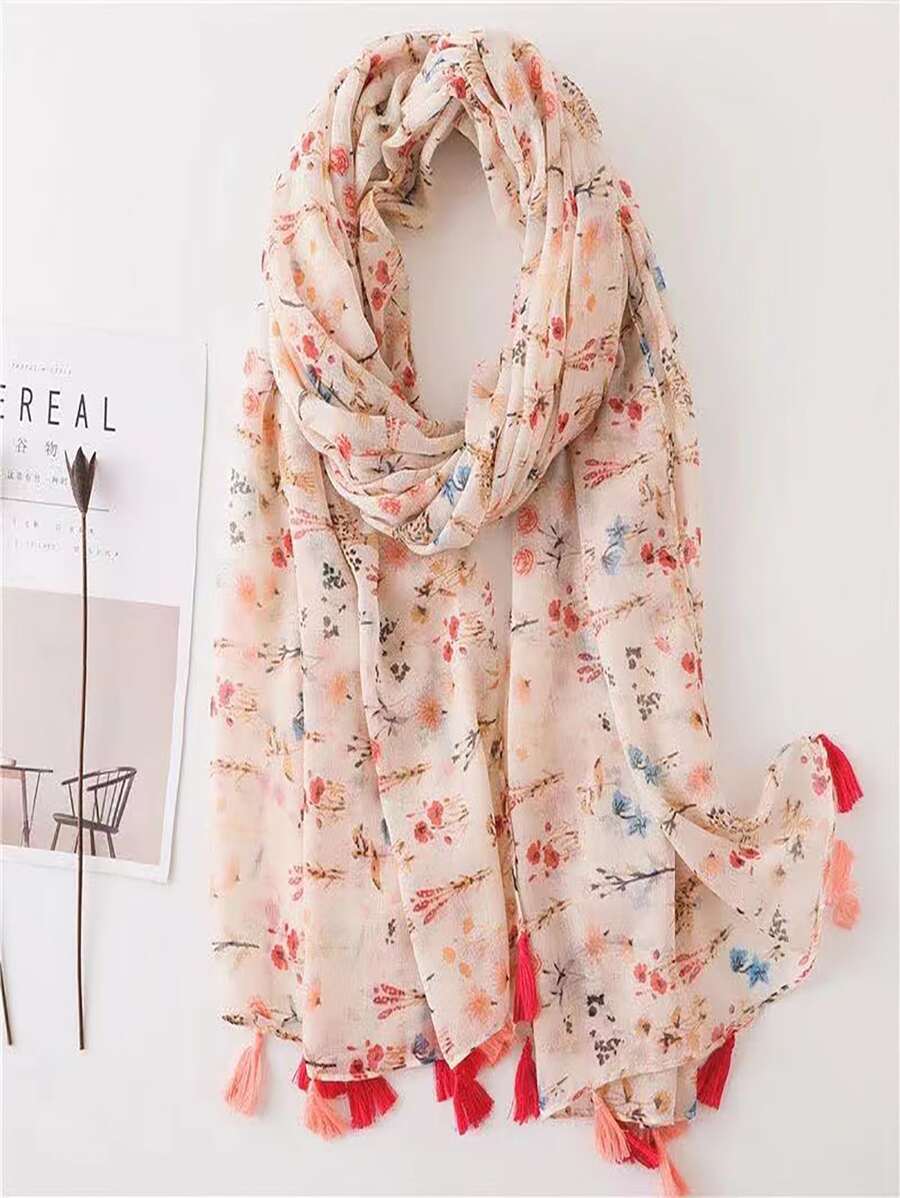 Floral Print Tassel Decor Scarf - Multicolor - View 1