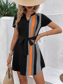 SHEIN LUNE Polka Dot Print Notched Neckline Belted Dress - Multicolor - View 1