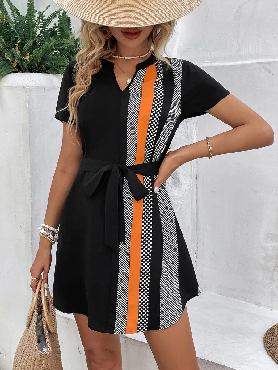 SHEIN LUNE Polka Dot Print Notched Neckline Belted Dress - Multicolor - View 1