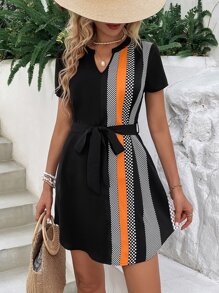 SHEIN LUNE Polka Dot Print Notched Neckline Belted Dress - Multicolor - View 4