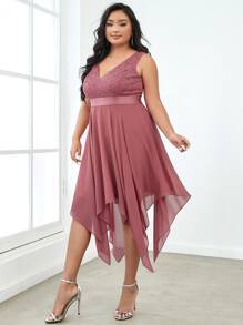 EVERPRETTY Plus Contrast Lace Asymmetrical Hem Party Dress - Dusty Pink - View 3
