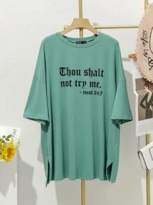 Mulvari Plus Slogan Graphic Drop Shoulder Split Hem Tee & Leggings - Multicolor - View 3