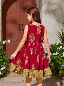 SHEIN Chicas Vestido con estampado floral dorado ribete con fruncido - Multicolor - Ver 2