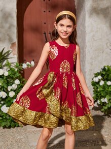 SHEIN Chicas Vestido con estampado floral dorado ribete con fruncido - Multicolor - Ver 1