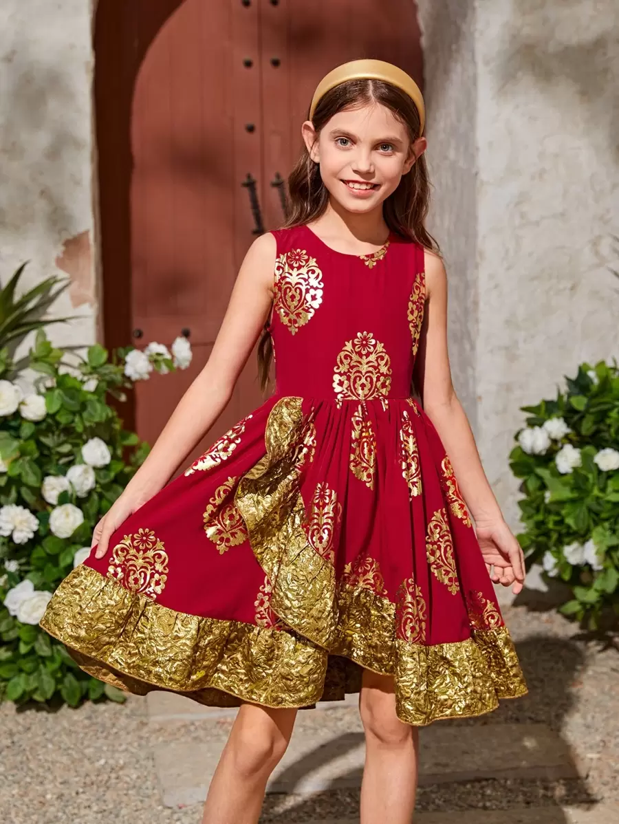 SHEIN Chicas Vestido con estampado floral dorado ribete con fruncido - Multicolor - Ver 1