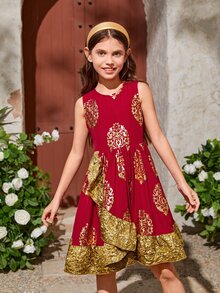 SHEIN Chicas Vestido con estampado floral dorado ribete con fruncido - Multicolor - Ver 7