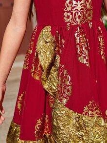 SHEIN Chicas Vestido con estampado floral dorado ribete con fruncido - Multicolor - Ver 8