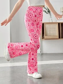 SHEIN Girls Allover Floral Print Flare Leg Trousers - Multicolor - View 4