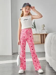 SHEIN Girls Allover Floral Print Flare Leg Trousers - Multicolor - View 5