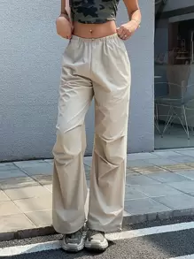 DAZY Pantalones Sólidos Con Cintura De Cordón - Beis - Ver 1