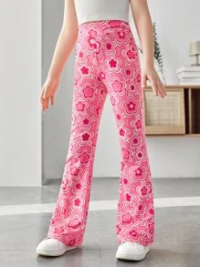 SHEIN Girls Allover Floral Print Flare Leg Trousers - Multicolor - View 6