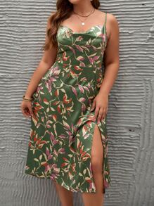 SHEIN Frenchy Plus Plants Print Draped Collar Slit Thigh Satin Cami Dress Ngày Thánh Patrick - Nhiều màu - Xem 1