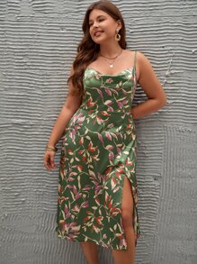 SHEIN Frenchy Plus Plants Print Draped Collar Slit Thigh Satin Cami Dress Ngày Thánh Patrick - Nhiều màu - Xem 3