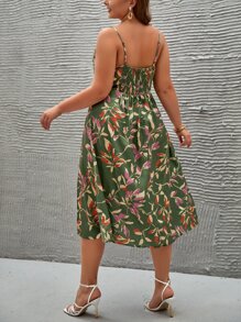 SHEIN Frenchy Plus Plants Print Draped Collar Slit Thigh Satin Cami Dress Ngày Thánh Patrick - Nhiều màu - Xem 4
