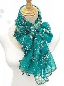 1入女士花邊網眼圍巾花卉印花透氣防塵頭巾，適用於日常旅行/節慶派對/等等。波西米亞頭巾，頭髮帶，頭帶，讓您的外觀更有時尚感 - 墨綠色 - 查看 2