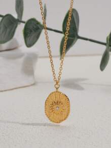 Rhinestone Decor Oval Charm Necklace - Yellow Gold - View 1