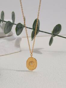 Rhinestone Decor Oval Charm Necklace - Yellow Gold - View 2