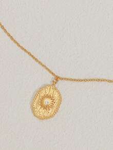Rhinestone Decor Oval Charm Necklace - Yellow Gold - View 5
