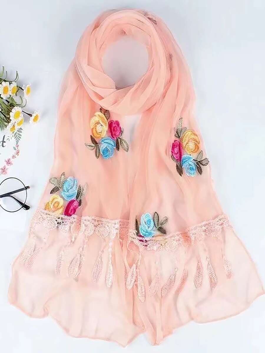 1 chiếc khăn choàng cổ hai lớp thêu ren cho nữ, khăn trùm đầu phong cách Bohemian cổ điển, phù hợp với mọi mùa, khăn choàng đi biển nhẹ, thoáng khí, quấn cổ mềm mại, ấm áp vào mùa thu/đông - Màu Hồng  San hô - Xem 1