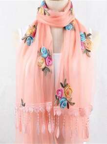 1 chiếc khăn choàng cổ hai lớp thêu ren cho nữ, khăn trùm đầu phong cách Bohemian cổ điển, phù hợp với mọi mùa, khăn choàng đi biển nhẹ, thoáng khí, quấn cổ mềm mại, ấm áp vào mùa thu/đông - Màu Hồng  San hô - Xem 2