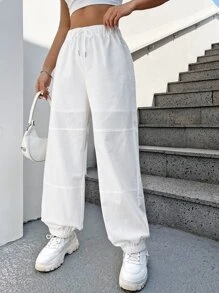 SHEIN EZwear Drawstring Waist Jogger Parachute Trousers - White - View 3