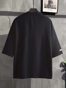 Manfinity Homme Loose-Fit Men's Letter Graphic Side Button T-Shirt Black Top ,Fall - Black - View 2