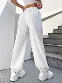SHEIN EZwear Drawstring Waist Jogger Parachute Trousers - White - View 2