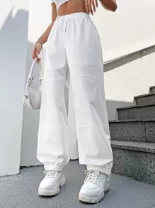 SHEIN EZwear Drawstring Waist Jogger Parachute Trousers - White - View 1
