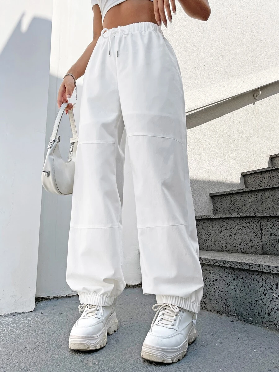 SHEIN EZwear Drawstring Waist Jogger Parachute Trousers - White - View 1