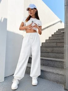 SHEIN EZwear Drawstring Waist Jogger Parachute Trousers - White - View 6