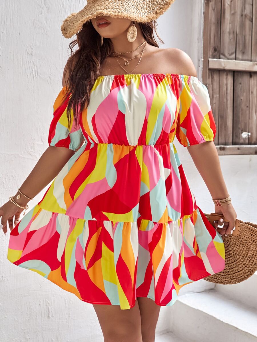 SHEIN Holidaya Plus Allover Print Off Shoulder Ruffle Hem Dress - Multicolor - View 1