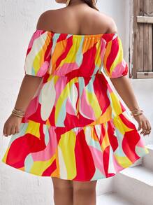 SHEIN Holidaya Plus Allover Print Off Shoulder Ruffle Hem Dress - Multicolor - View 2