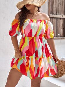 SHEIN Holidaya Plus Allover Print Off Shoulder Ruffle Hem Dress - Multicolor - View 6