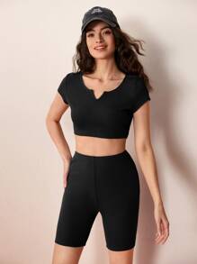 SHEIN BASICS Cotton Notched Neck Crop Tee & Cycling Shorts - Black - View 2