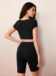 SHEIN BASICS Cotton Notched Neck Crop Tee & Cycling Shorts - Black - View 3