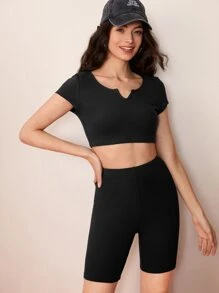 SHEIN BASICS Cotton Notched Neck Crop Tee & Cycling Shorts - Black - View 4