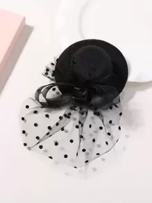 Toddler Girls Polka Dot Pattern Mesh & Velvet Hat Decor Hair Clip For Banquet - Black - View 1