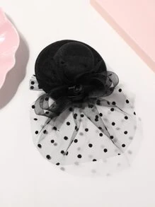 Toddler Girls Polka Dot Pattern Mesh & Velvet Hat Decor Hair Clip For Banquet - Black - View 2