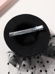 Toddler Girls Polka Dot Pattern Mesh & Velvet Hat Decor Hair Clip For Banquet - Black - View 3