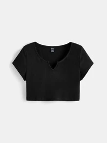SHEIN BASICS Cotton Notched Neck Crop Tee & Cycling Shorts - Black - View 6