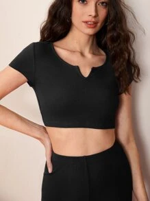 SHEIN BASICS Cotton Notched Neck Crop Tee & Cycling Shorts - Black - View 5