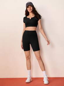 SHEIN BASICS Cotton Notched Neck Crop Tee & Cycling Shorts - Black - View 9