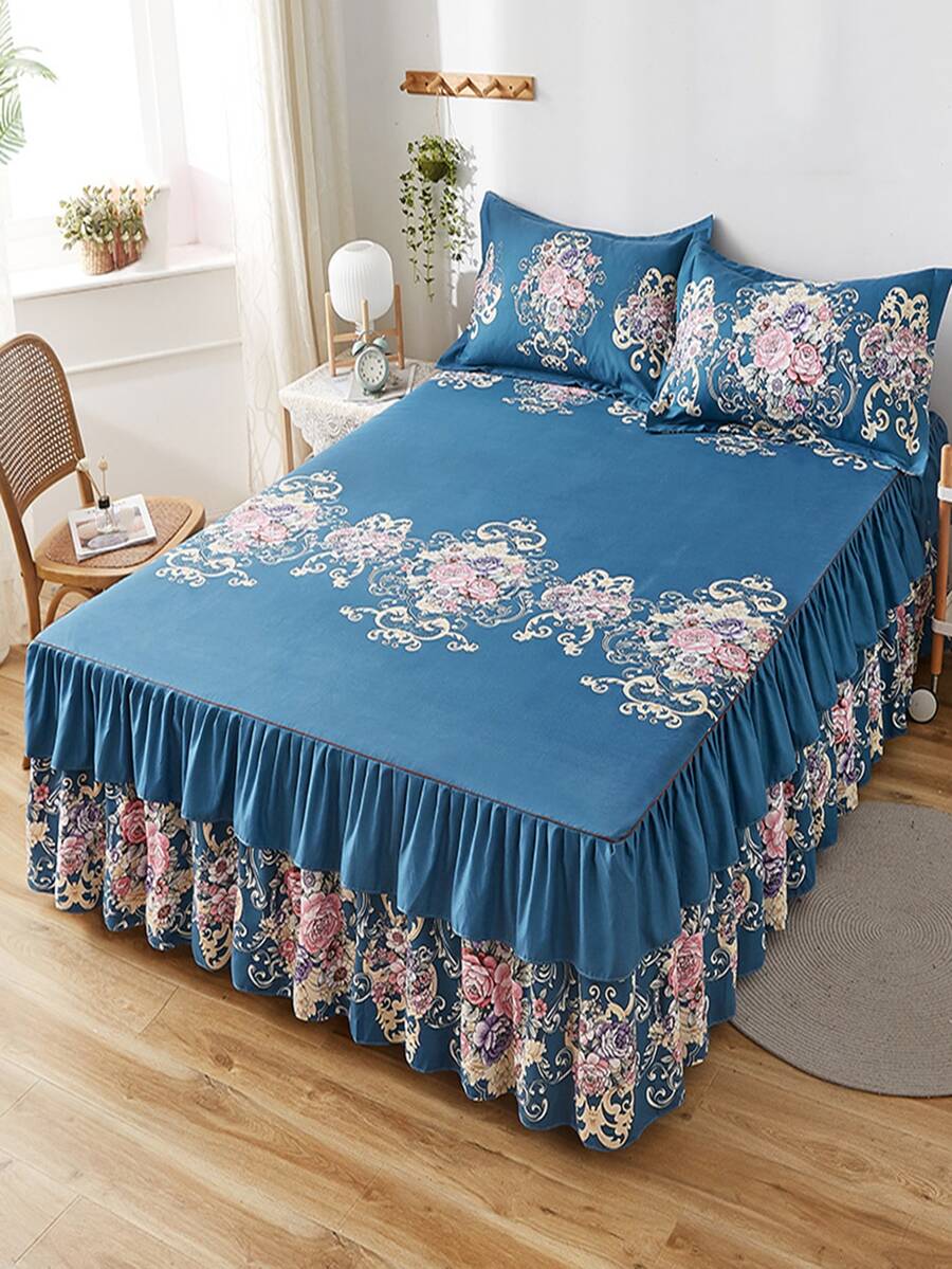 1入組厚花卉印花床裙無填充物臥室滌綸梭織床裙