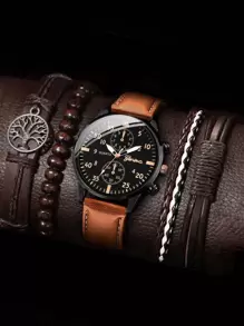 1 Đồng hồ thạch anh tròn nam và 4 vòng đeo tay - màu nâu - Xem 1